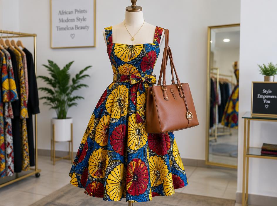 Ankara Flare Dress + Leather Tote Bag